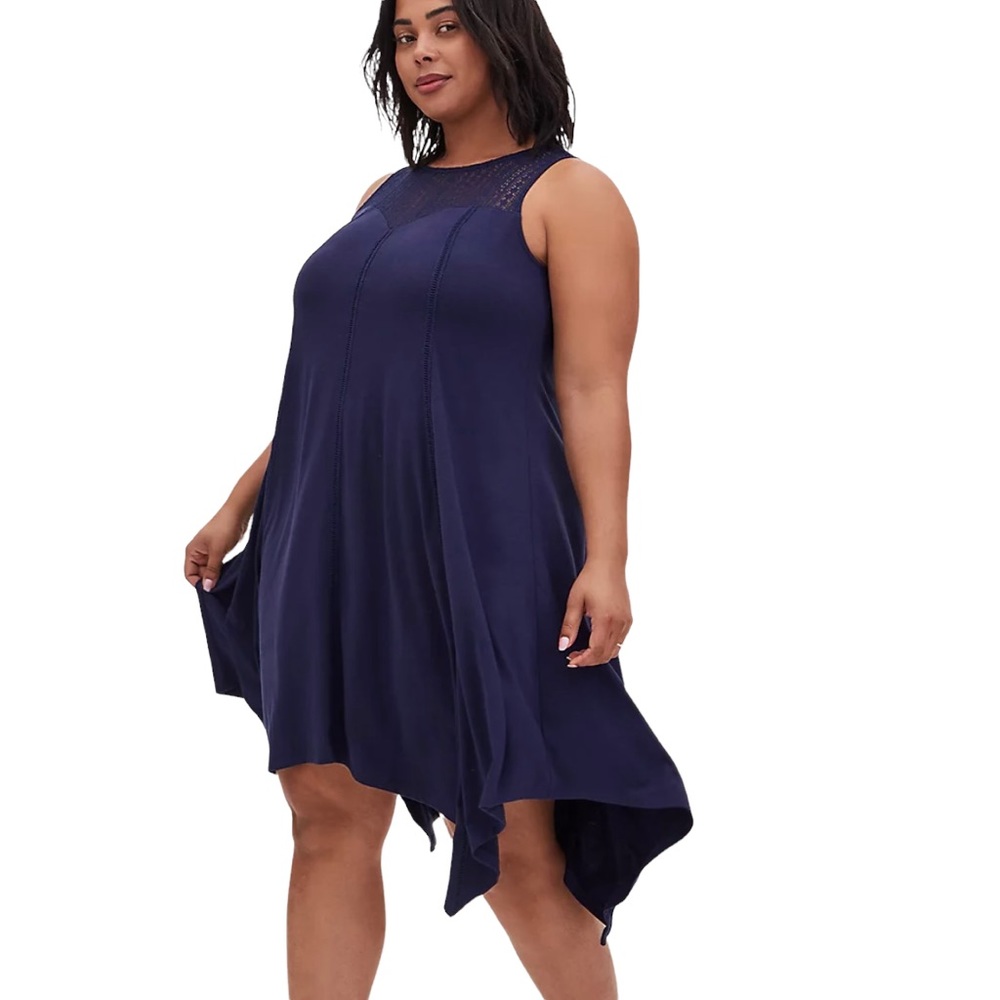 TORRID Navy Blue Jersey Lace Yoke Handkerchief Fluted Dress Size Torrid 2